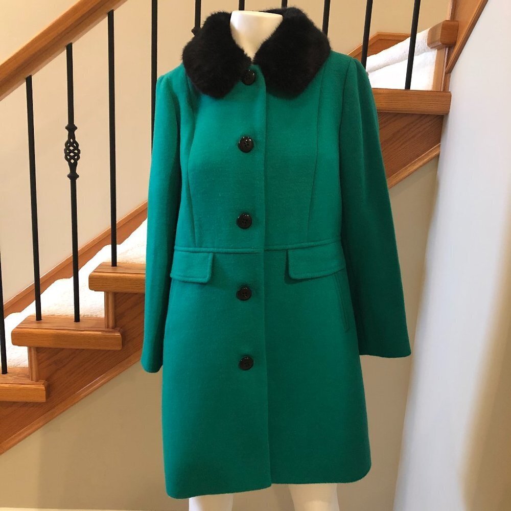 Talbots Petites Lined Cozy Wool Coat w Detachable Faux Fur Collar Green Sz 8P - Picture 2 of 11